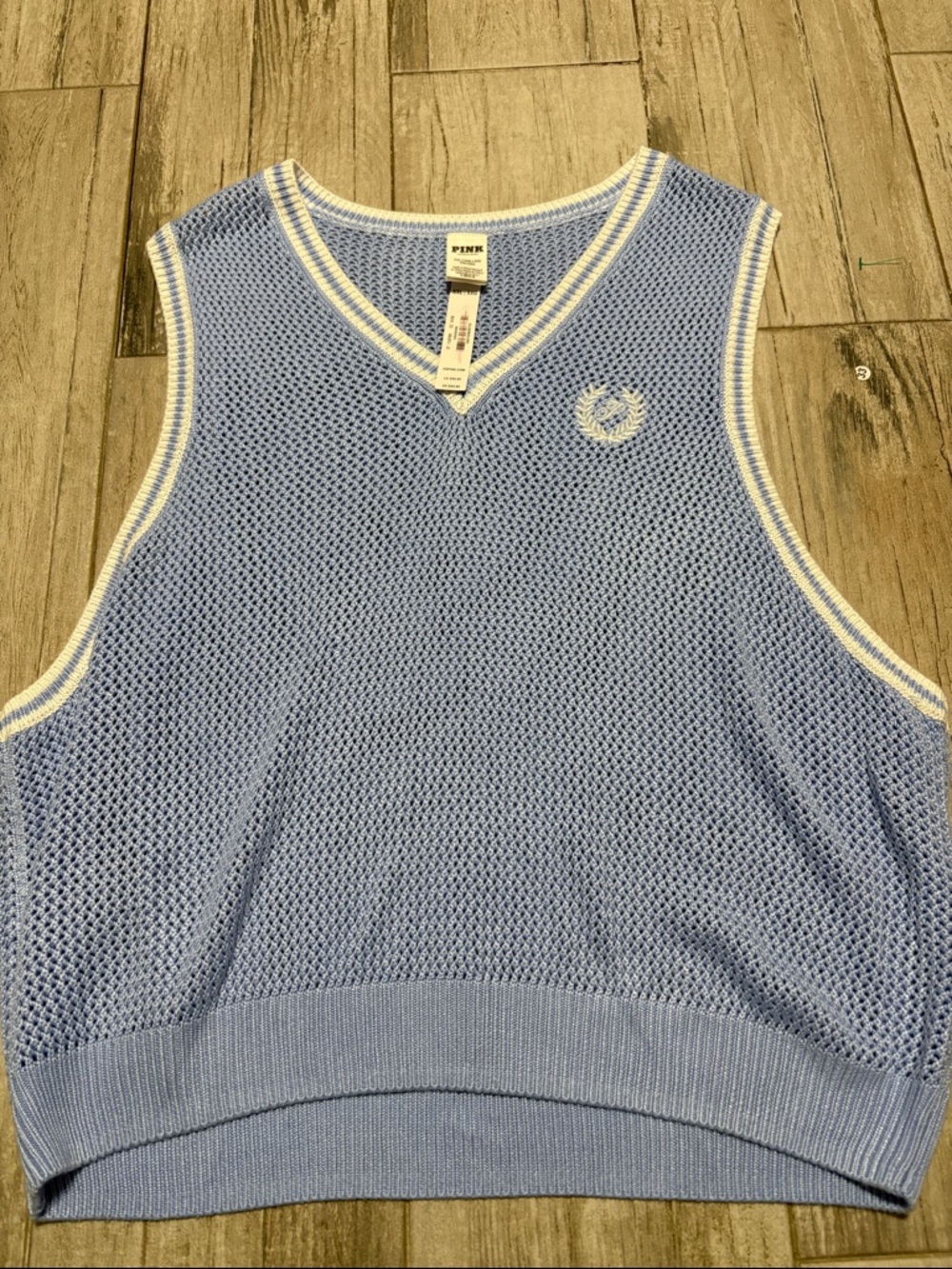 PINK Victoria's Secret Light Blue & White V-Neck Knit Sweater Vest